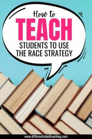 Books on blue background with speech bubble that states "How to teach students to use the RACE strategy for writing"