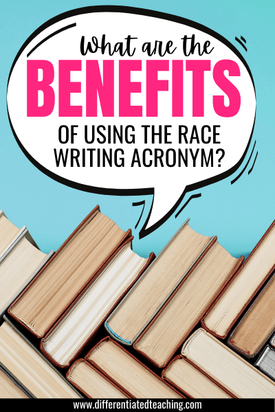 Books on blue background with speech bubble that states "What are the benefits of using the RACE Writing Acronym?"