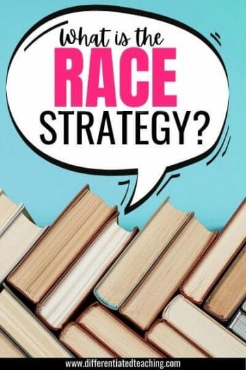 Books on light blue background with speech bubble that says What is the RACE strategy